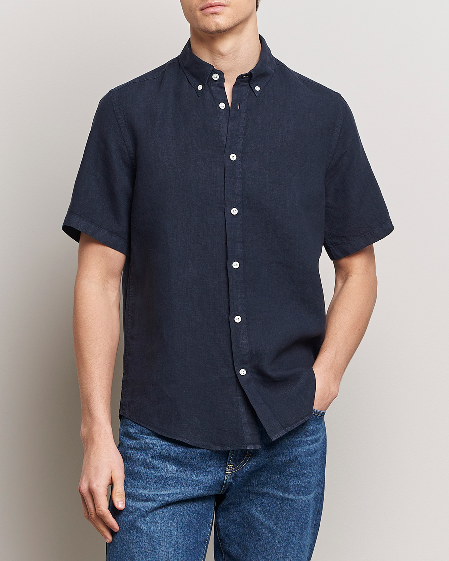 Heren |  | NN07 | Arne Linen Short Sleeve Shirt Navy Blue