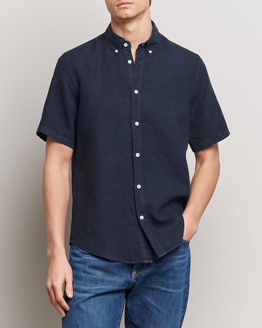 Heren | Business & Beyond | NN07 | Arne Linen Short Sleeve Shirt Navy Blue