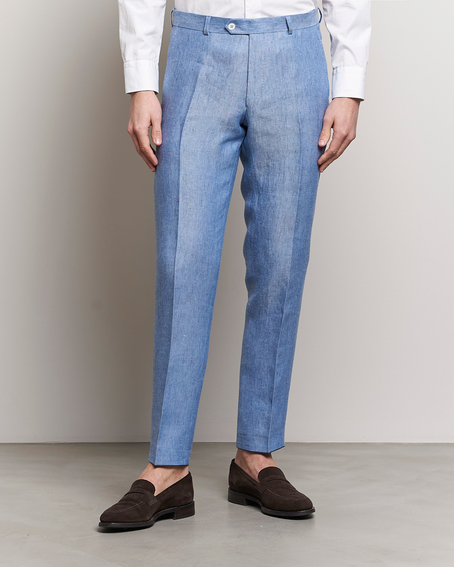 Heren | Business & Beyond | Oscar Jacobson | Denz Linen Trousers Smog Blue