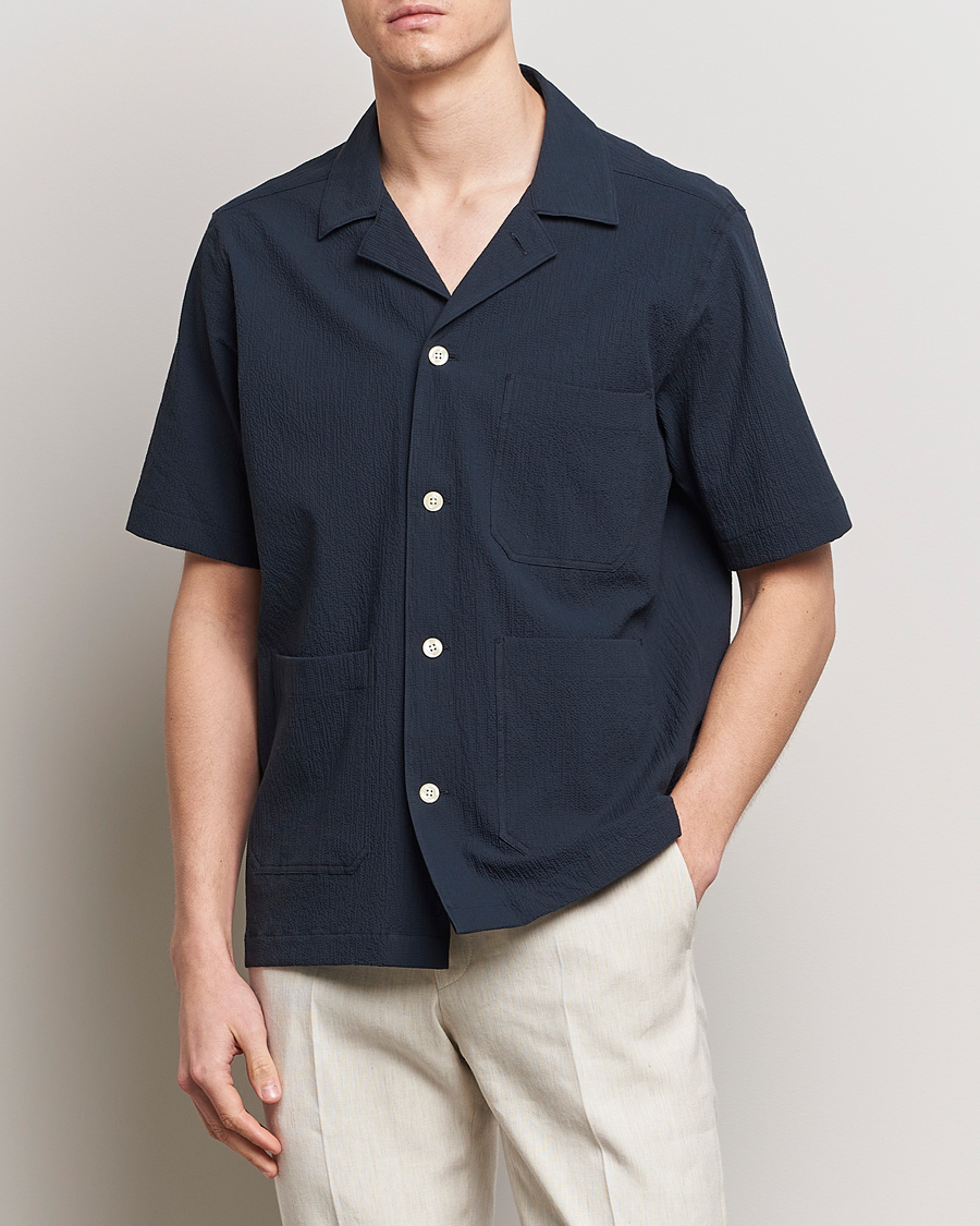 Heren | Casual | Oscar Jacobson | Hanks Reg Seersucker Shirt Navy