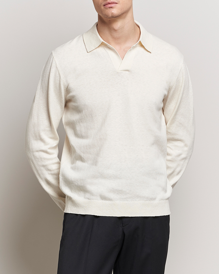 Heren | Gebreide poloshirts | A Day's March | Manol Cotton Linen Polo Off White