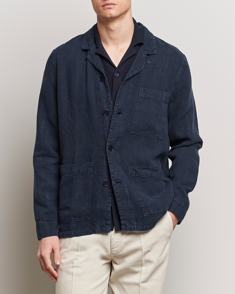 Heren | Lentejassen | A Day's March | Bangher Linen Overshirt Navy