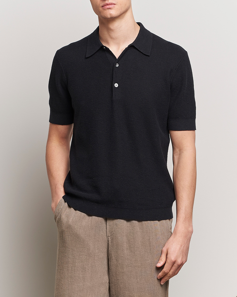 Heren | Poloshirts met korte mouwen | A Day's March | Rosehall Popcorn Stitch Polo Black