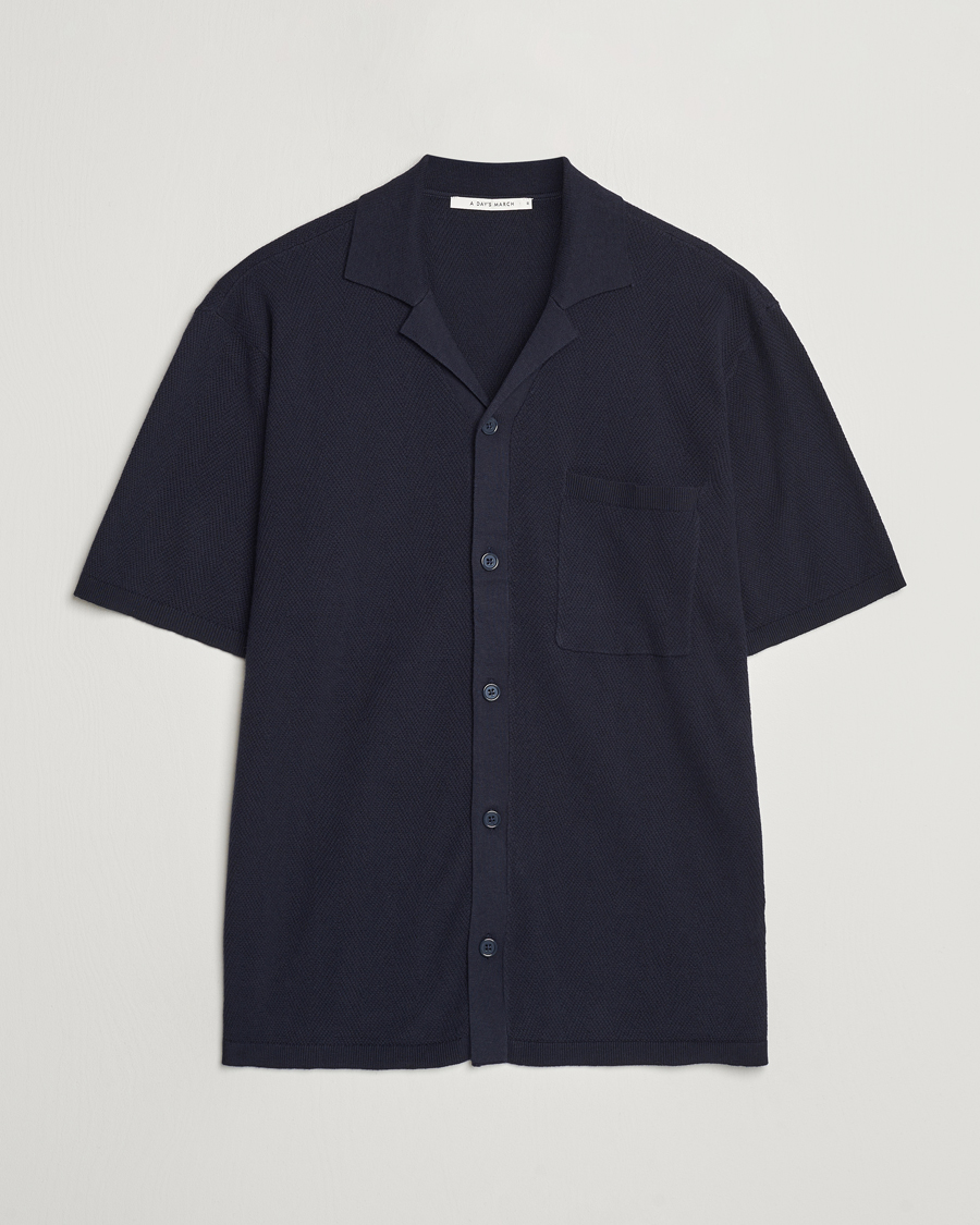 Heren | Overhemden | A Day's March | Yamu Knitted Herringbone Shirt Navy