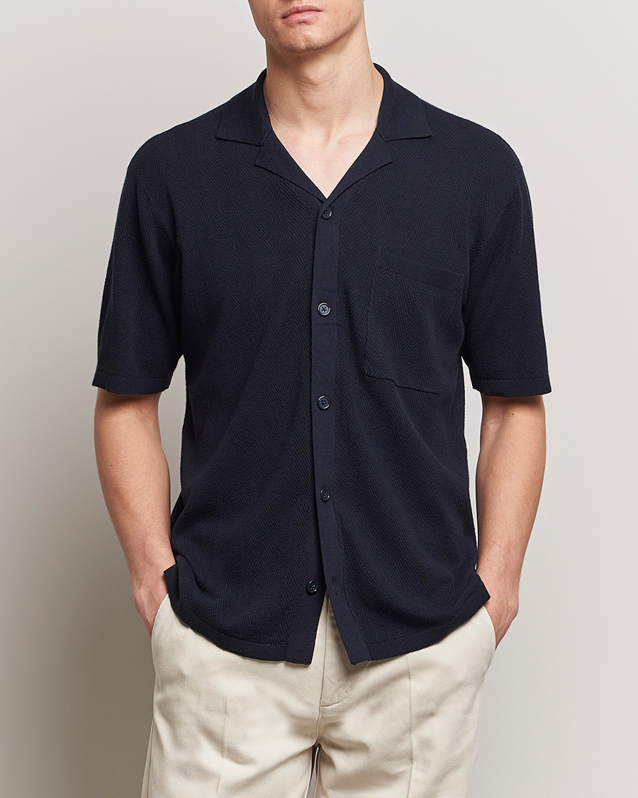 Heren | Overhemden met korte mouwen | A Day\'s March | Yamu Knitted Herringbone Shirt Navy