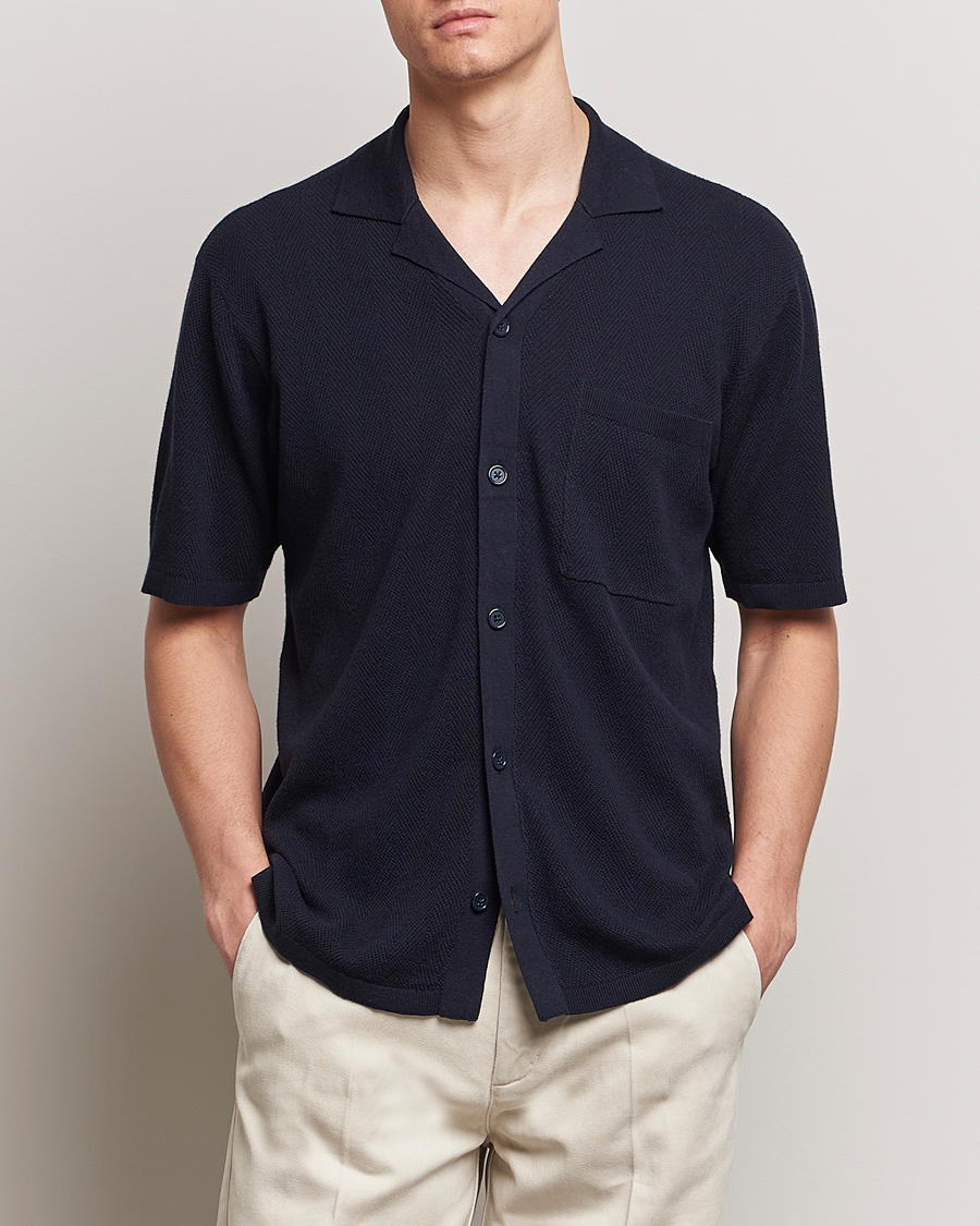 Heren | Casual | A Day's March | Yamu Knitted Herringbone Shirt Navy