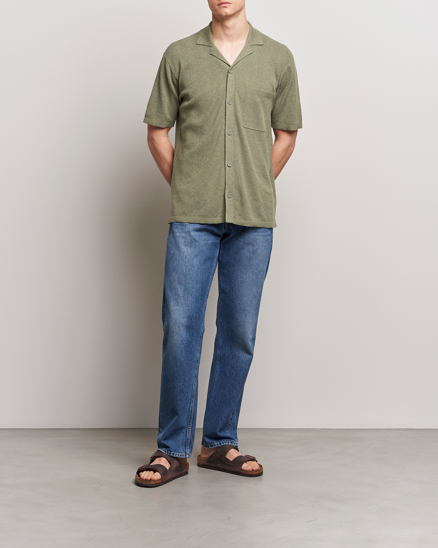 Heren | Overhemden | A Day's March | Yamu Knitted Herringbone Shirt Olive