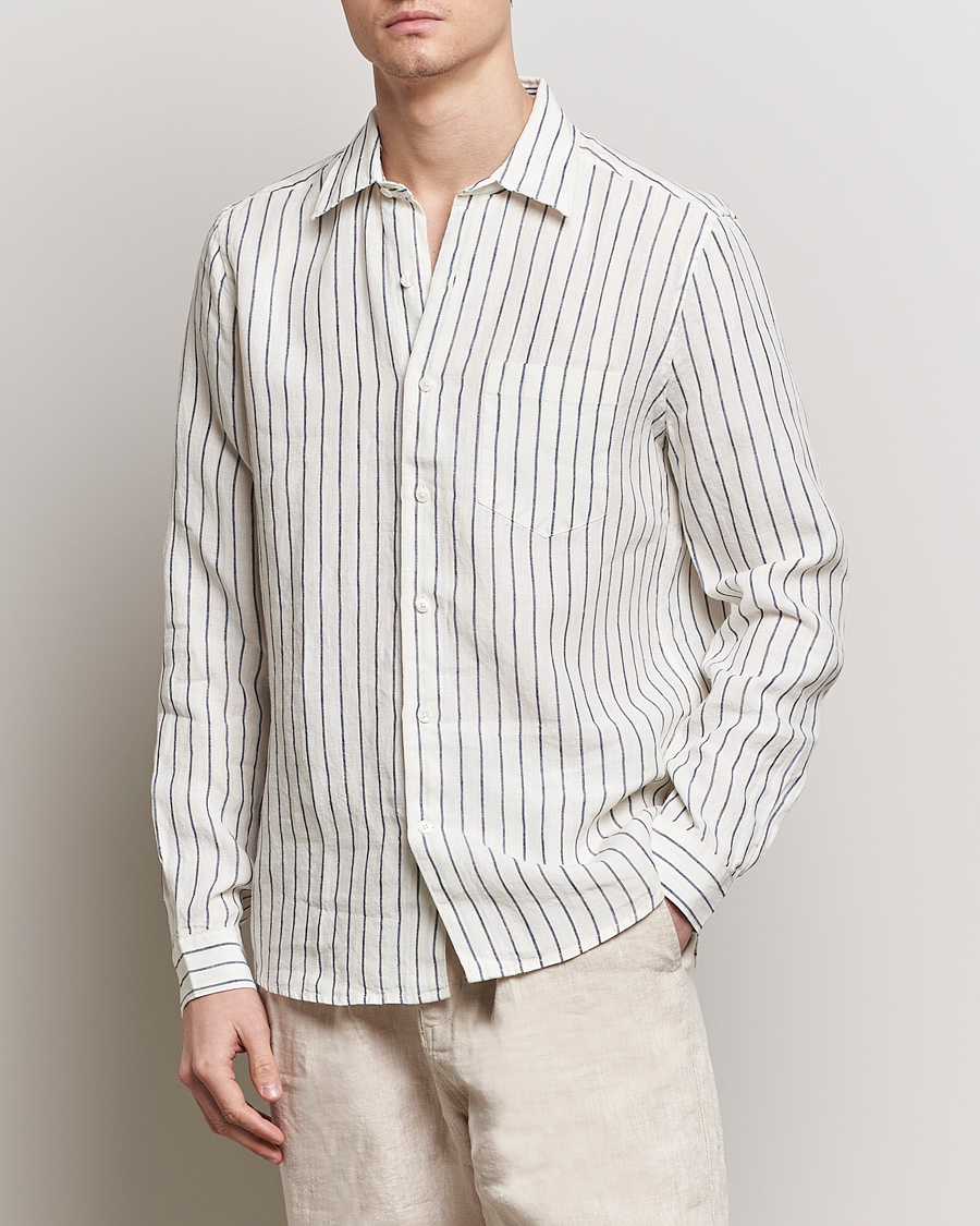 Heren | De linnenkast | A Day's March | Abu Striped Linen Shirt White/Navy