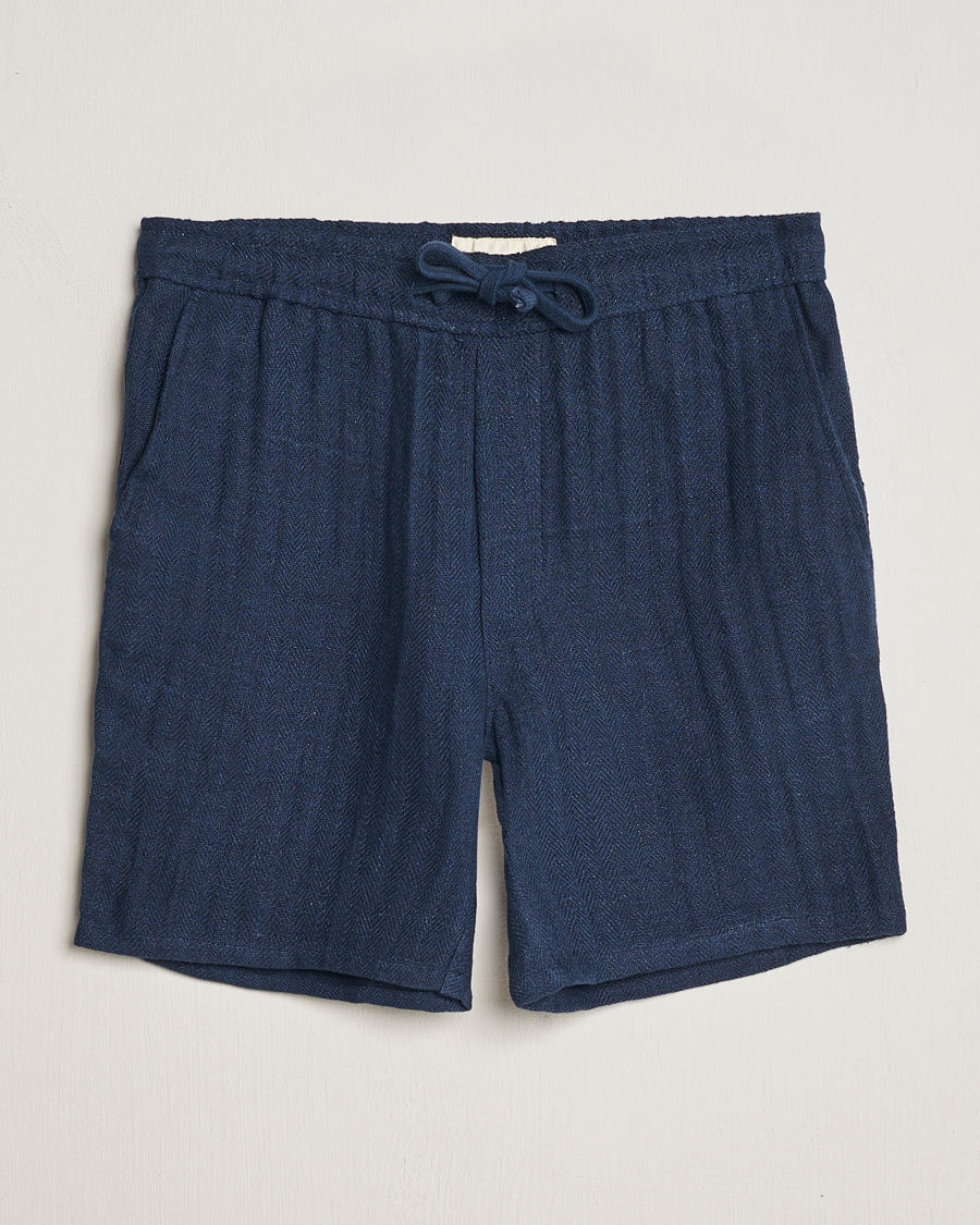 Heren | Korte broek | A Day's March | Ipu Herringbone Linen Drawstring Shorts Indigo Blue