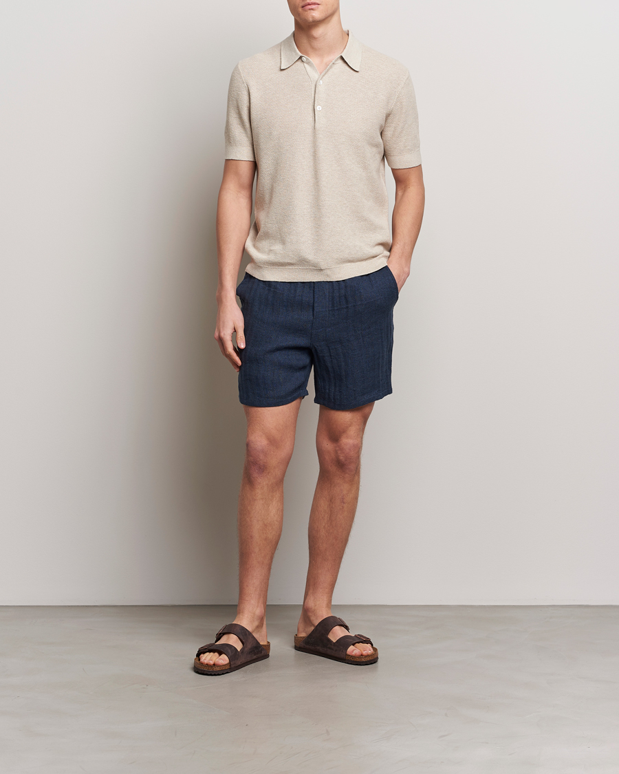 Heren | Korte broek | A Day's March | Ipu Herringbone Linen Drawstring Shorts Indigo Blue