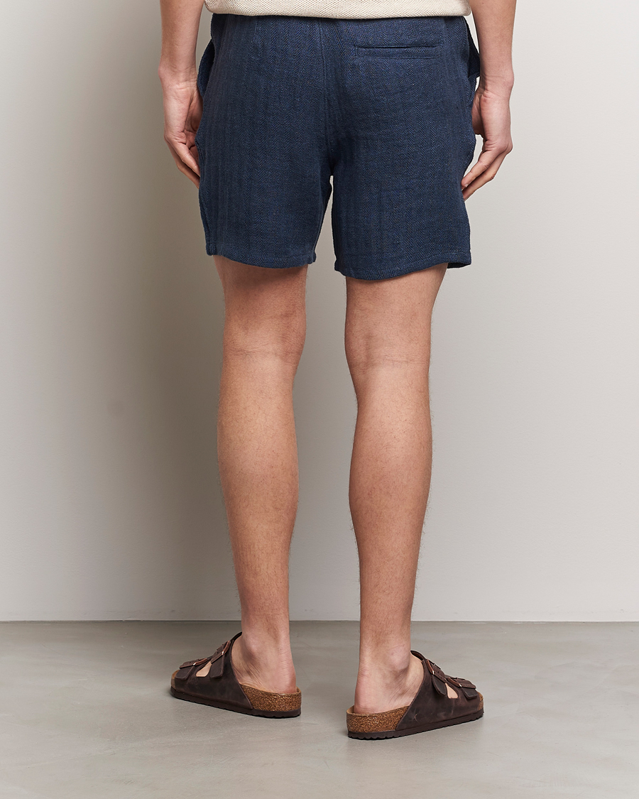 Heren | Korte broek | A Day's March | Ipu Herringbone Linen Drawstring Shorts Indigo Blue