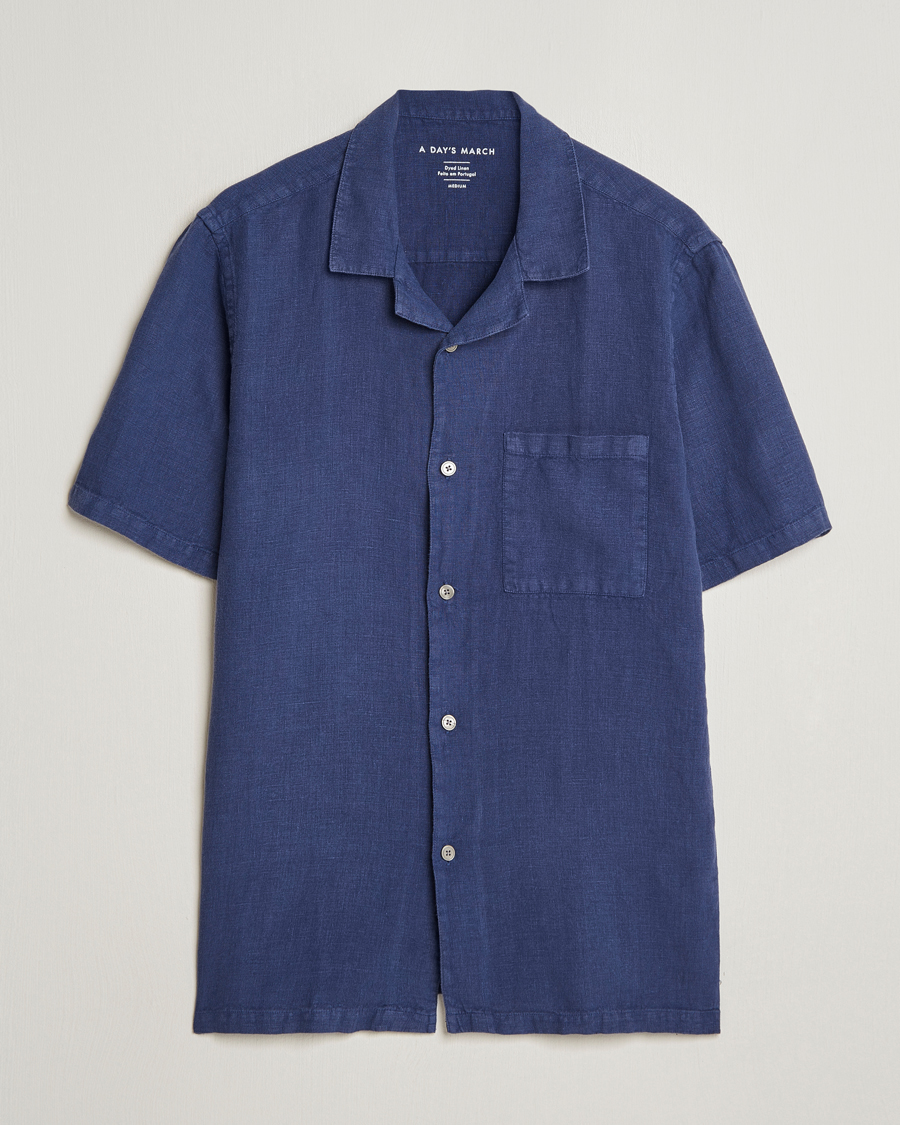 Heren | Overhemden | A Day's March | Yamu Short Sleeve Linen Shirt Brewers Blue
