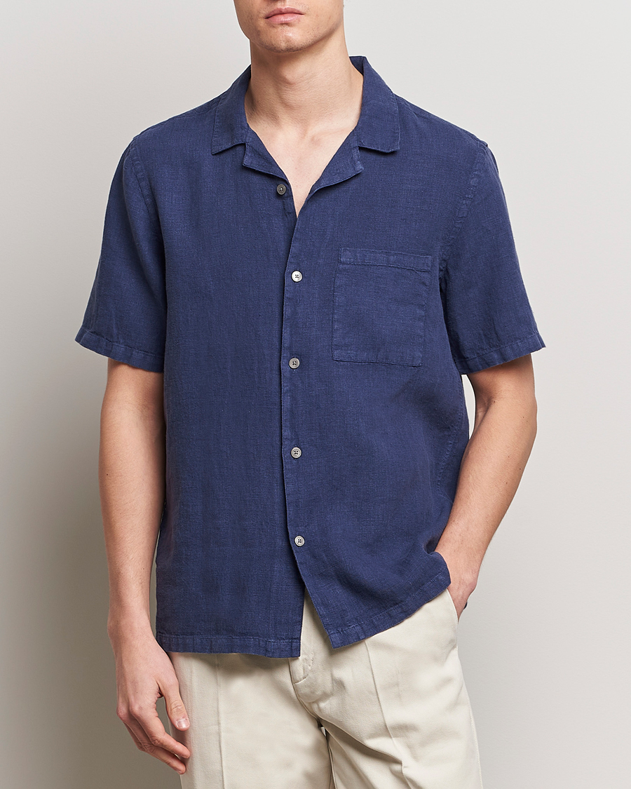 Heren | Nieuws | A Day\'s March | Yamu Short Sleeve Linen Shirt Brewers Blue