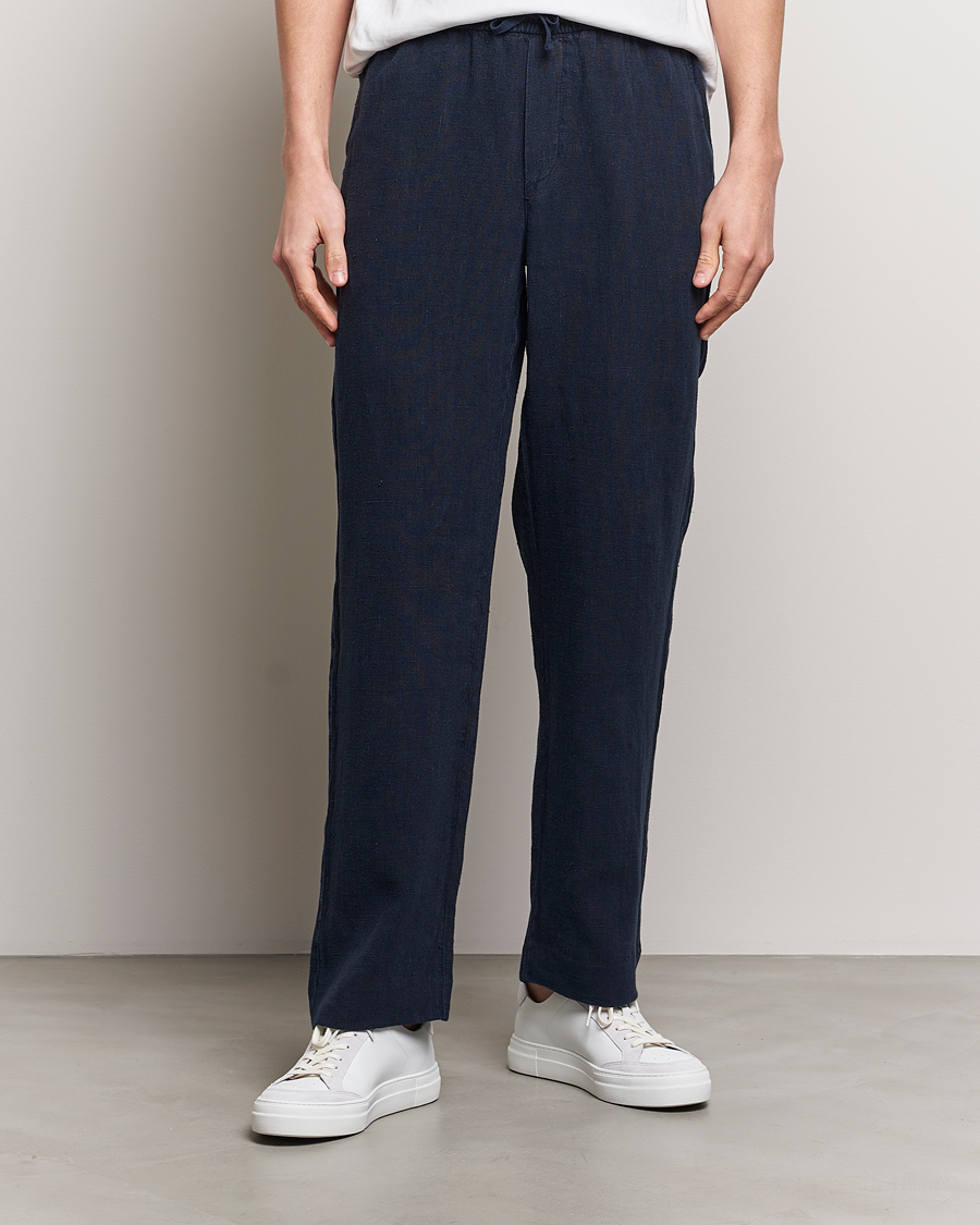 Heren | Nieuws | A Day\'s March | Tamiat Drawstring Linen Trousers Navy