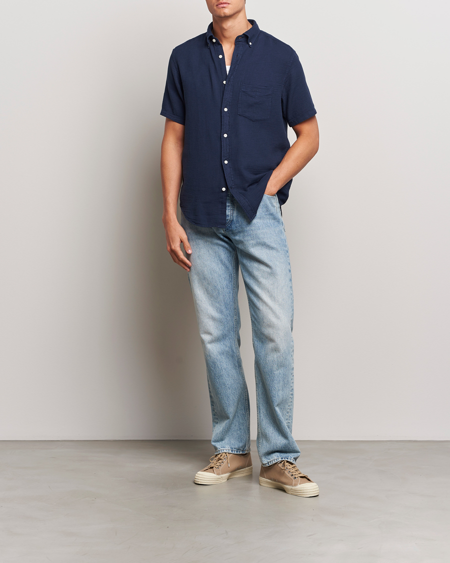 Heren | Overhemden | Gant | Cotton/Linen Texture Short Sleeve Shirt Evening Blue