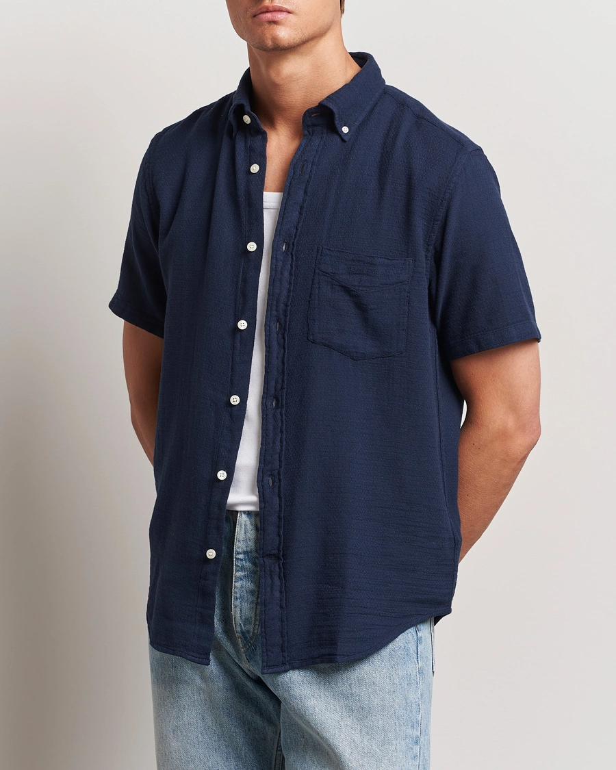 Heren |  | GANT | Cotton/Linen Texture Short Sleeve Shirt Evening Blue