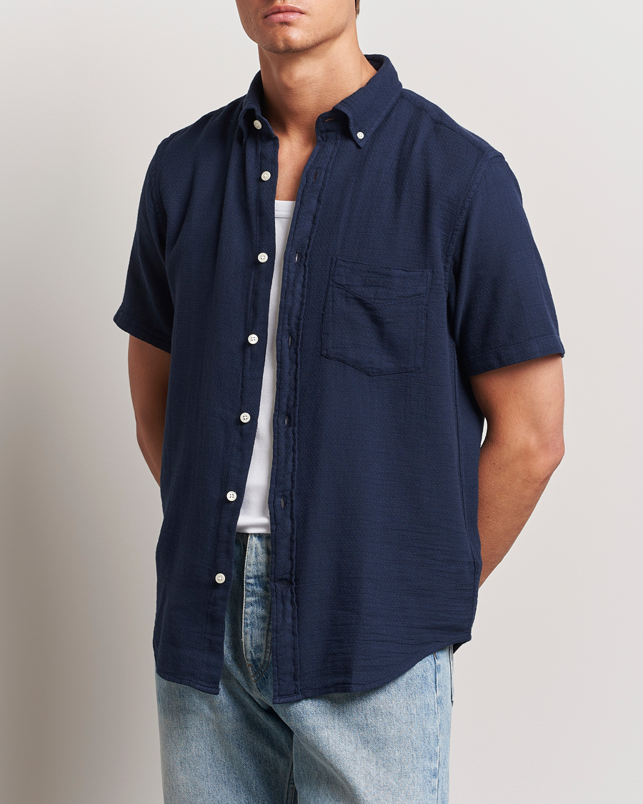 Heren | Overhemden | Gant | Cotton/Linen Texture Short Sleeve Shirt Evening Blue