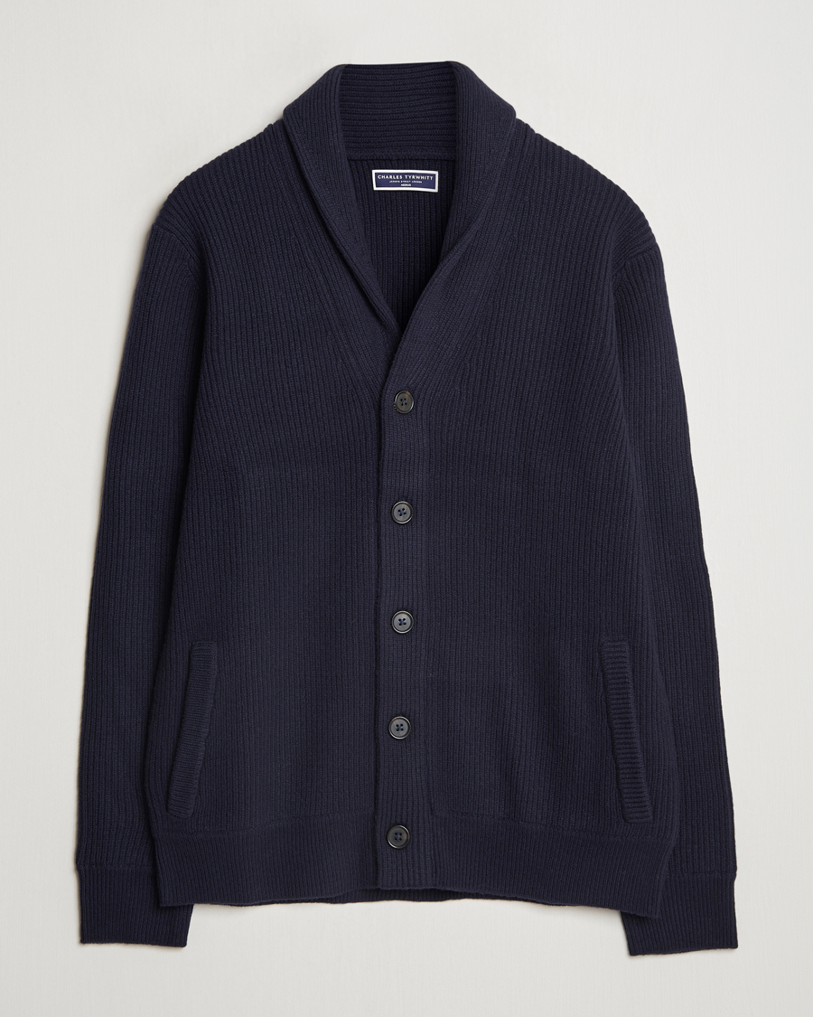 Heren | Truien | Charles Tyrwhitt | Chunky Merino Shawl Neck Cardigan Navy