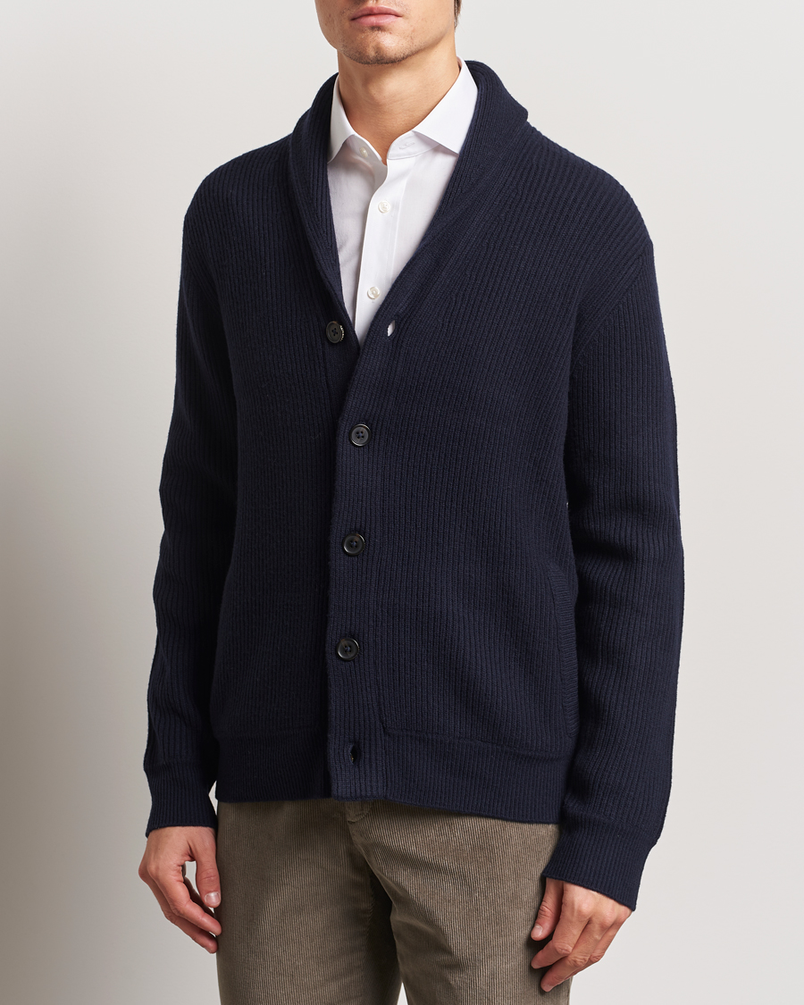 Heren | Truien | Charles Tyrwhitt | Chunky Merino Shawl Neck Cardigan Navy