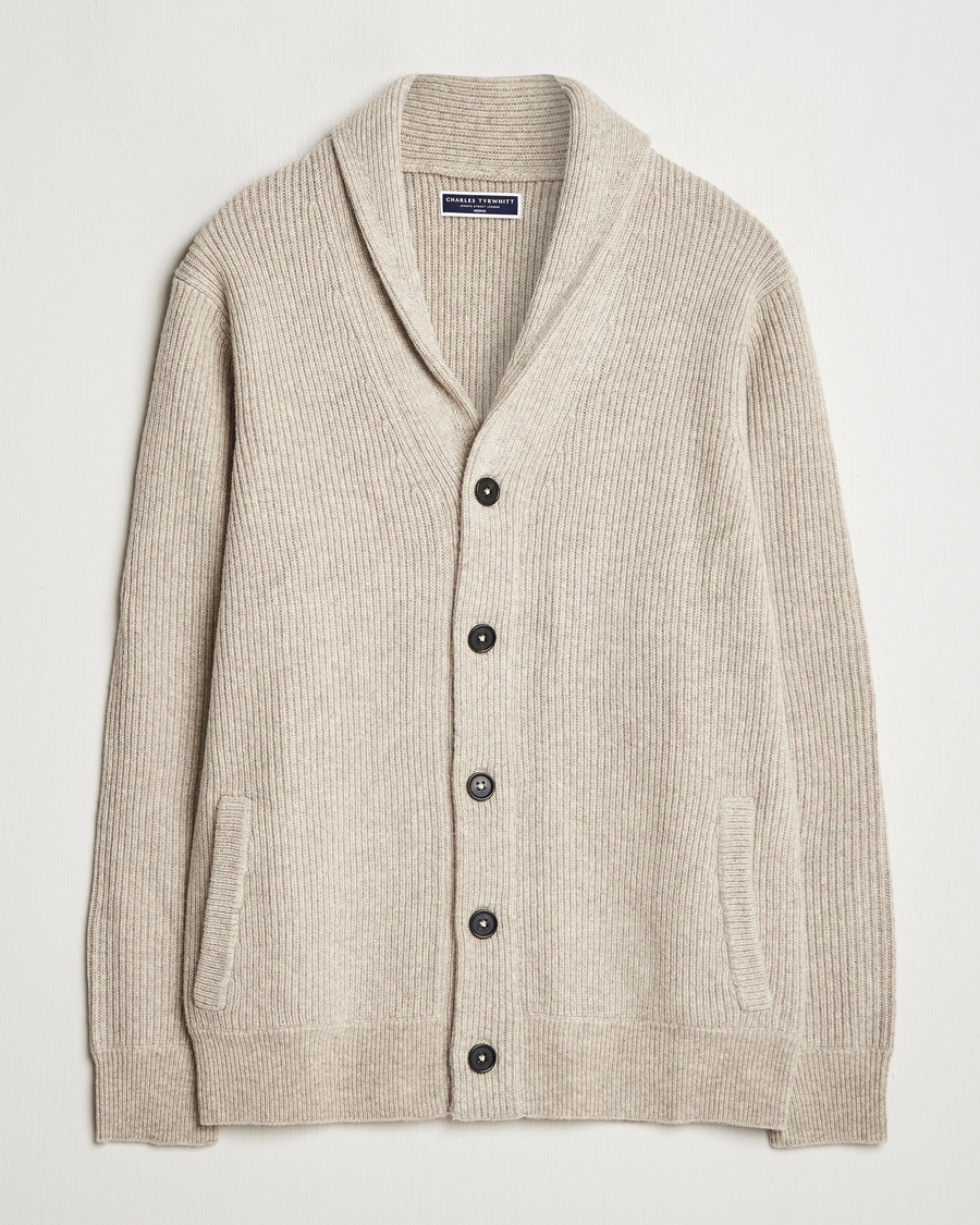 Heren | Truien | Charles Tyrwhitt | Chunky Merino Shawl Neck Cardigan Oatmeal