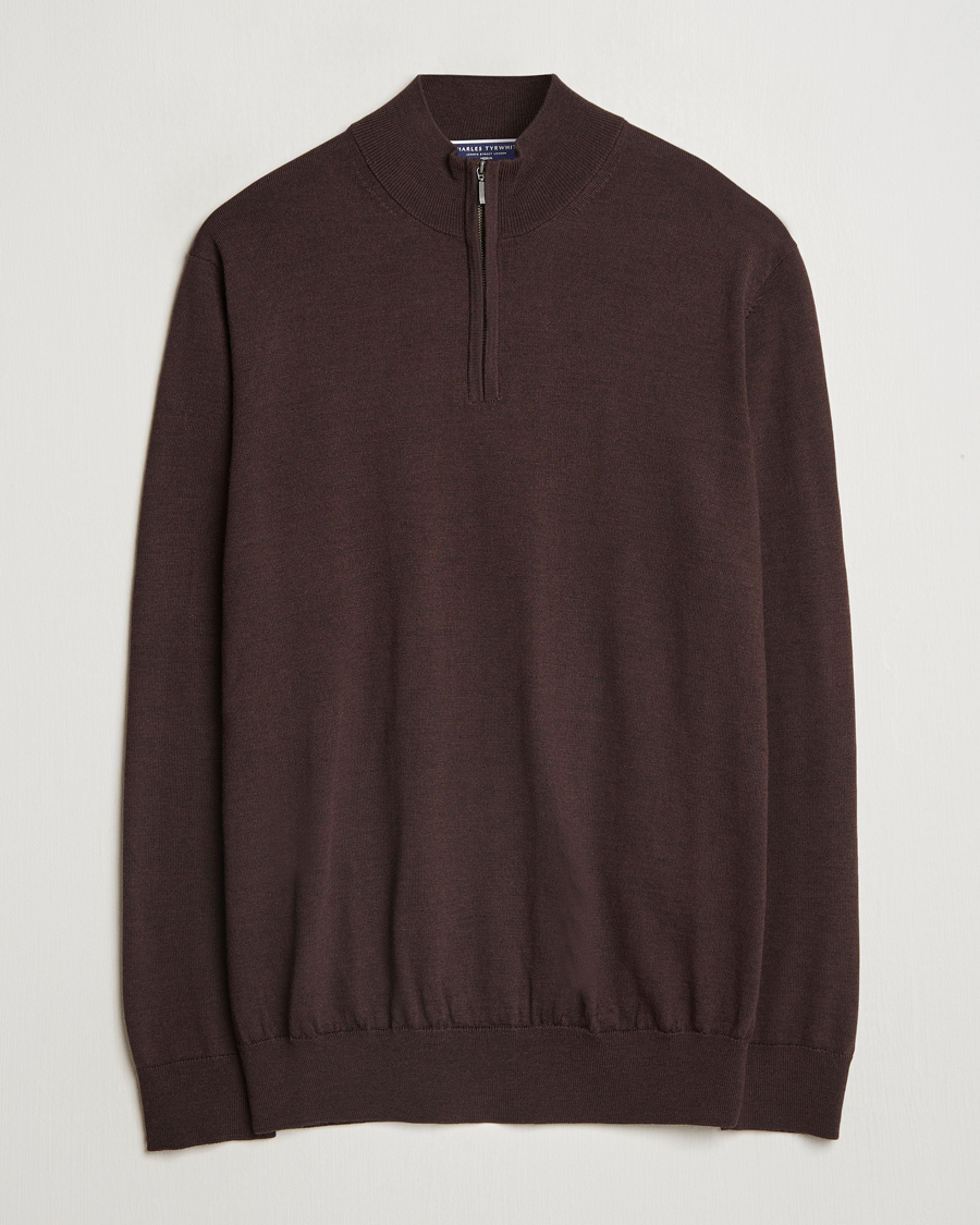 Heren | Truien | Charles Tyrwhitt | Pure Merino Zip Neck Jumper Chocolate Brown