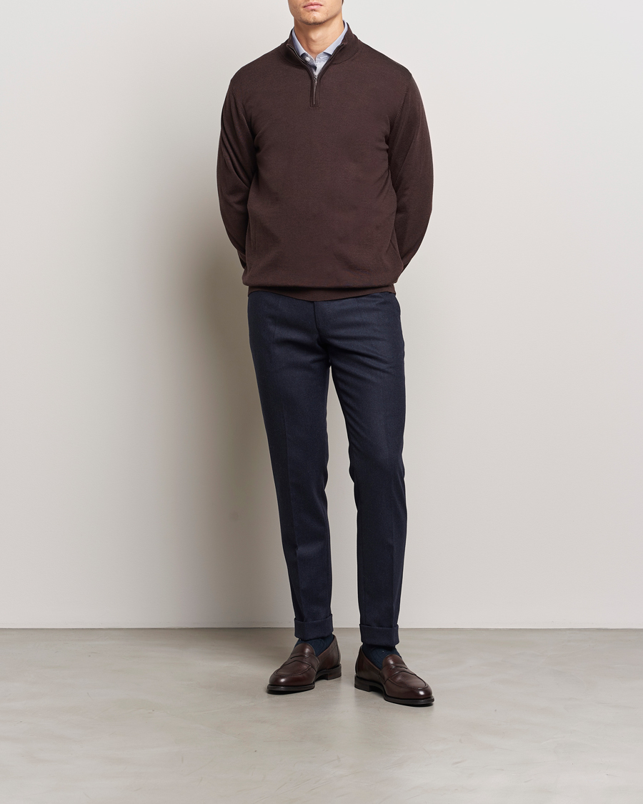 Heren | Truien | Charles Tyrwhitt | Pure Merino Zip Neck Jumper Chocolate Brown