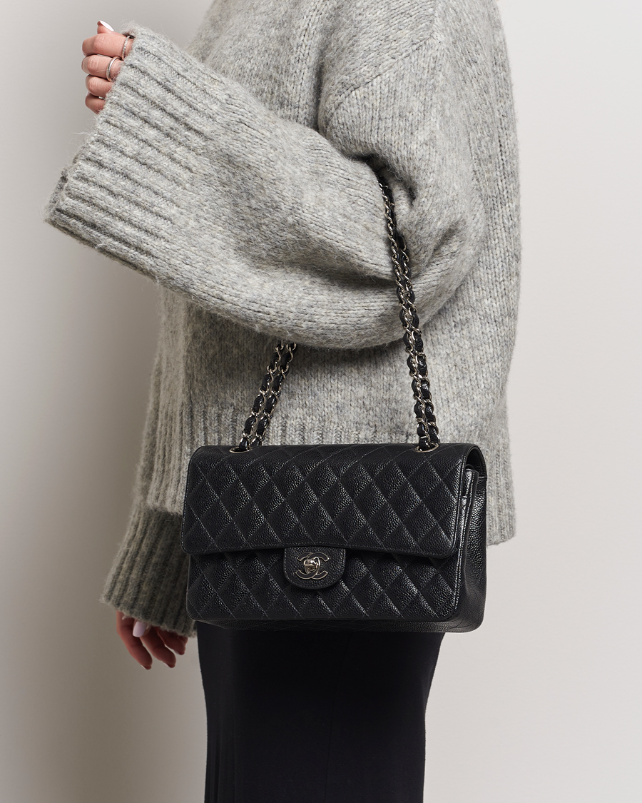 Heren | Chanel Pre-Owned Classic Medium Double Flap Bag Caviar Leather Black | Chanel Pre-Owned | Classic Medium Double Flap Bag Caviar Leather Black