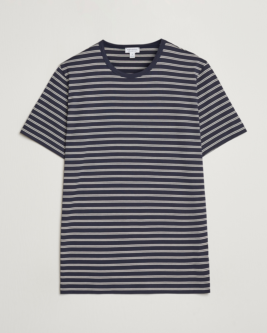 Heren | T-shirts | Sunspel | Striped Crew Neck Cotton Tee Navy/Ecru