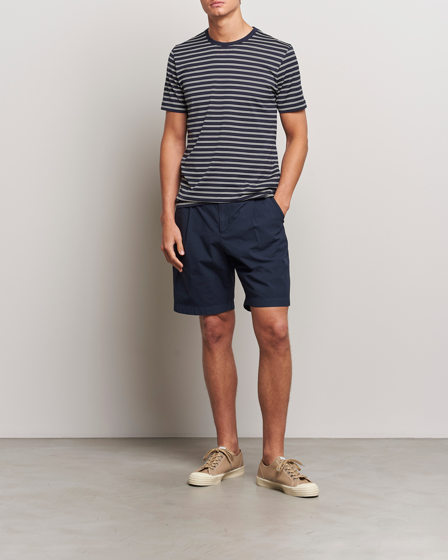 Heren | T-shirts | Sunspel | Striped Crew Neck Cotton Tee Navy/Ecru