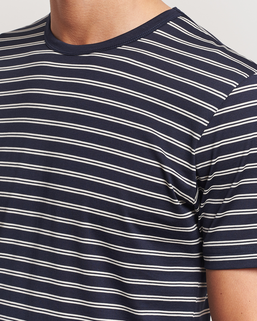 Heren | T-shirts | Sunspel | Striped Crew Neck Cotton Tee Navy/Ecru