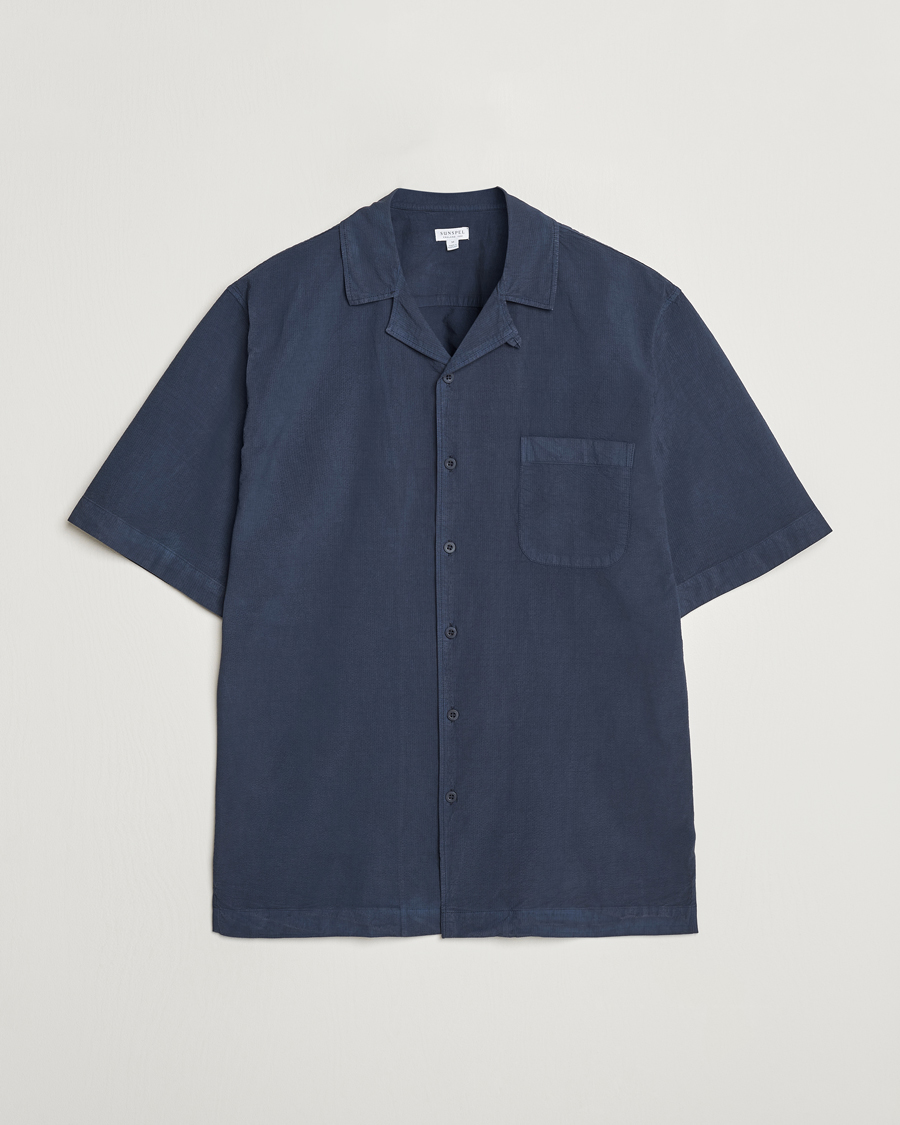 Heren | Overhemden | Sunspel | Lightweight Seersucker Shirt Navy