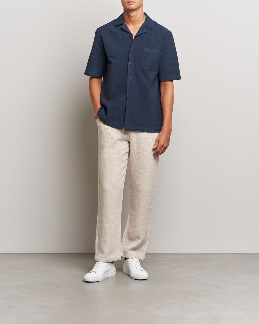 Heren | Overhemden | Sunspel | Lightweight Seersucker Shirt Navy
