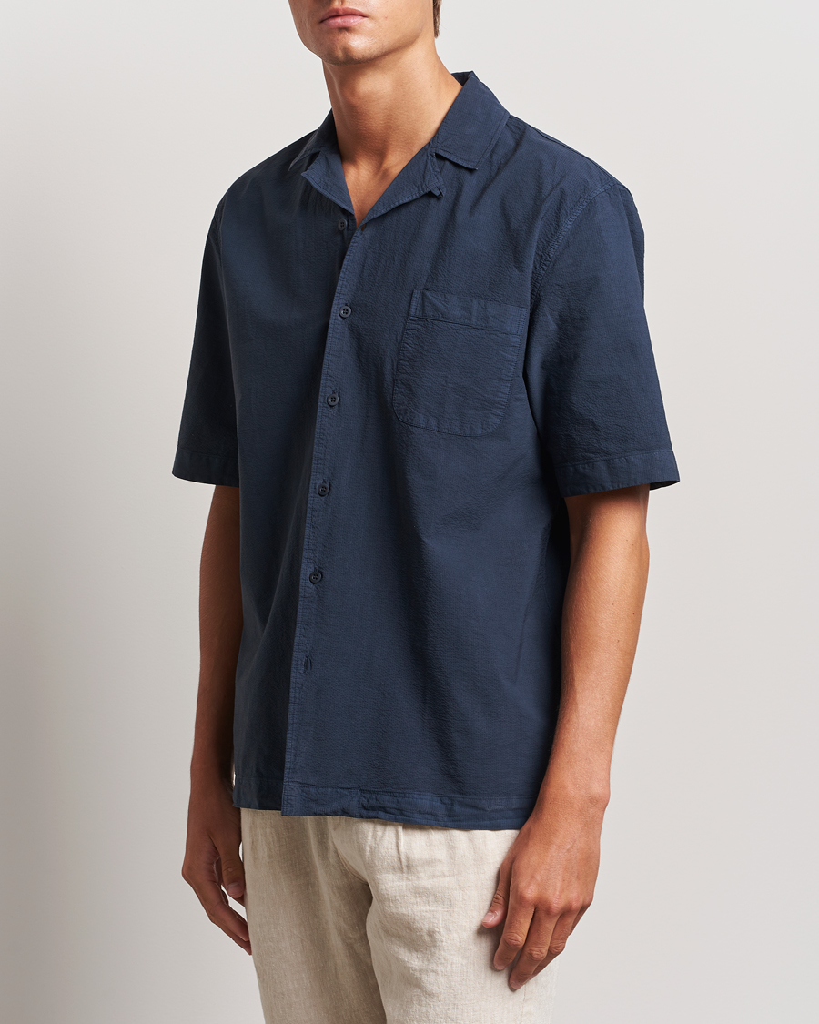 Heren | Overhemden | Sunspel | Lightweight Seersucker Shirt Navy