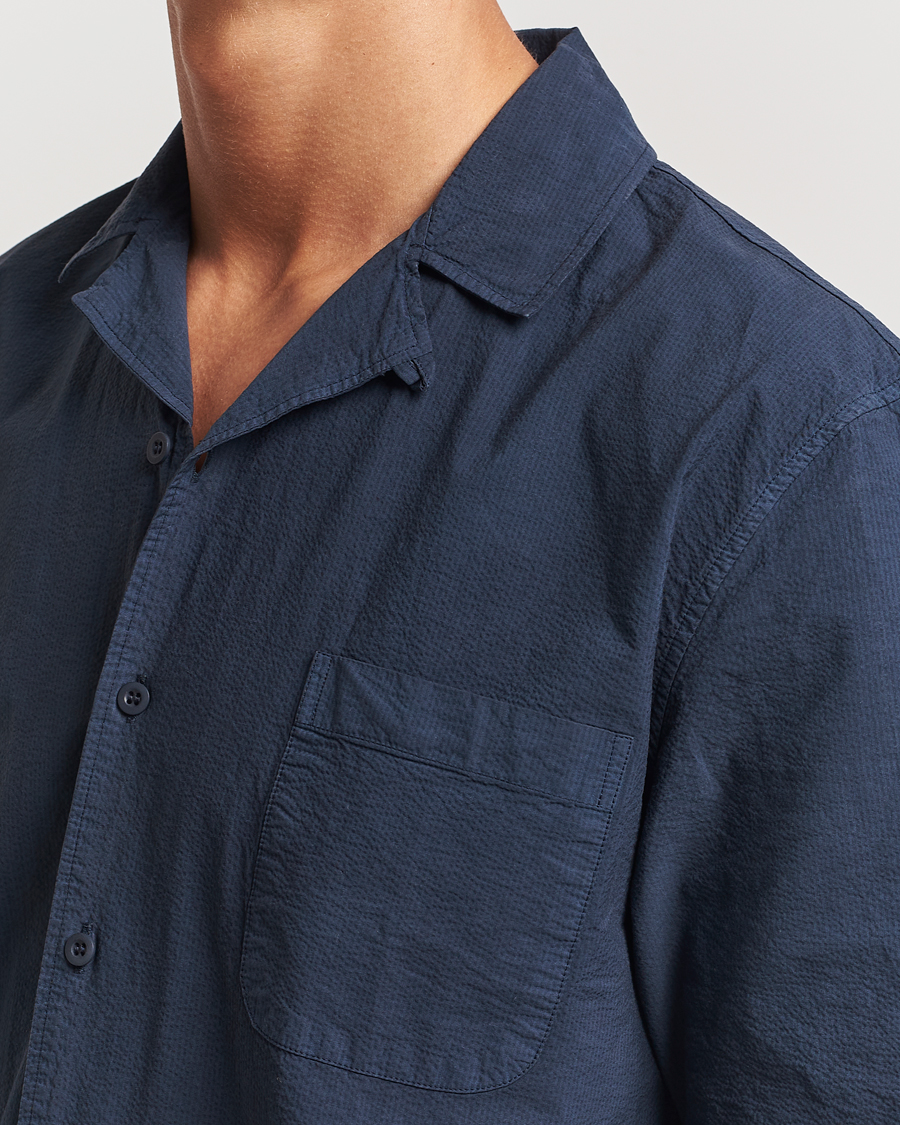 Heren | Overhemden | Sunspel | Lightweight Seersucker Shirt Navy