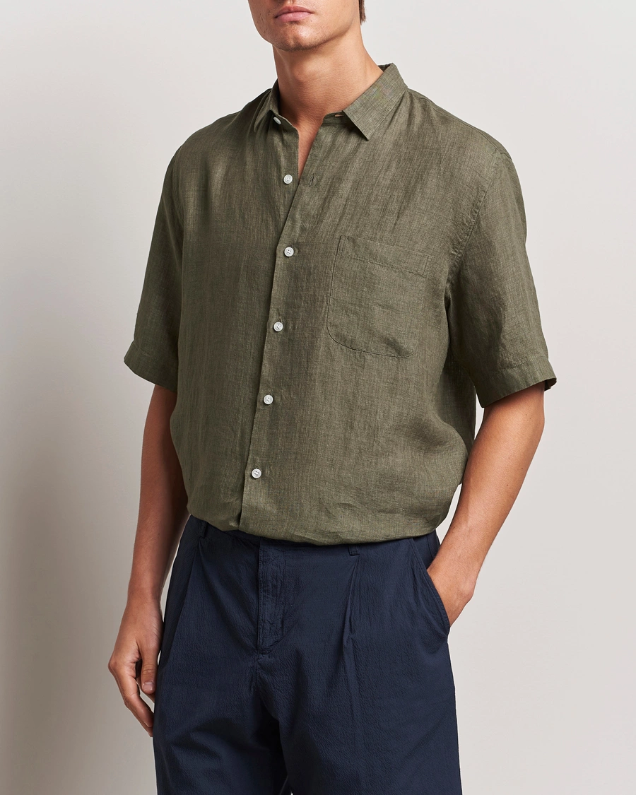 Heren |  | Sunspel | Short Sleeved Linen Shirt Khaki