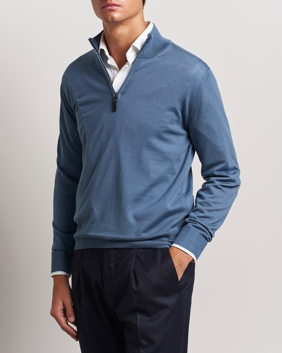 Heren | Truien | Canali | Merino Wool Half Zip Light Blue