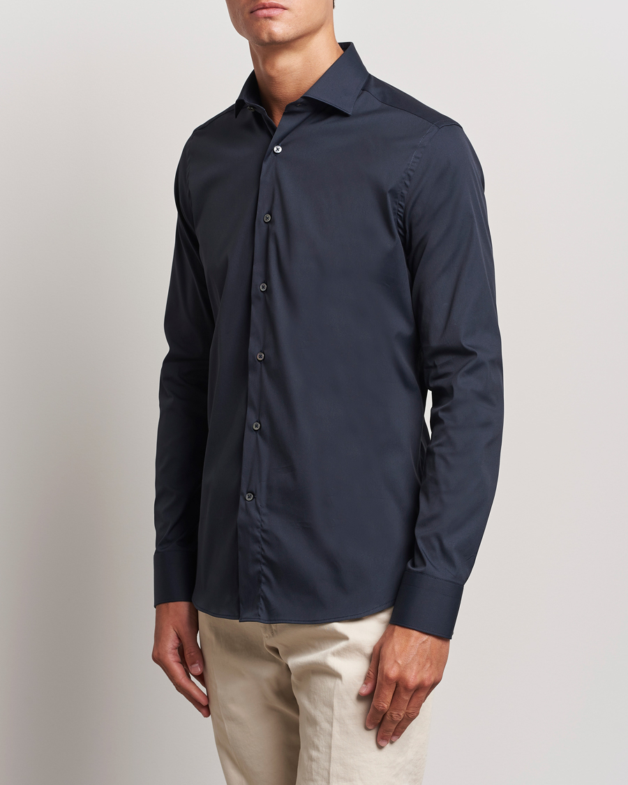 Heren | Overhemden | Canali | Slim Fit Cotton/Stretch Shirt Navy