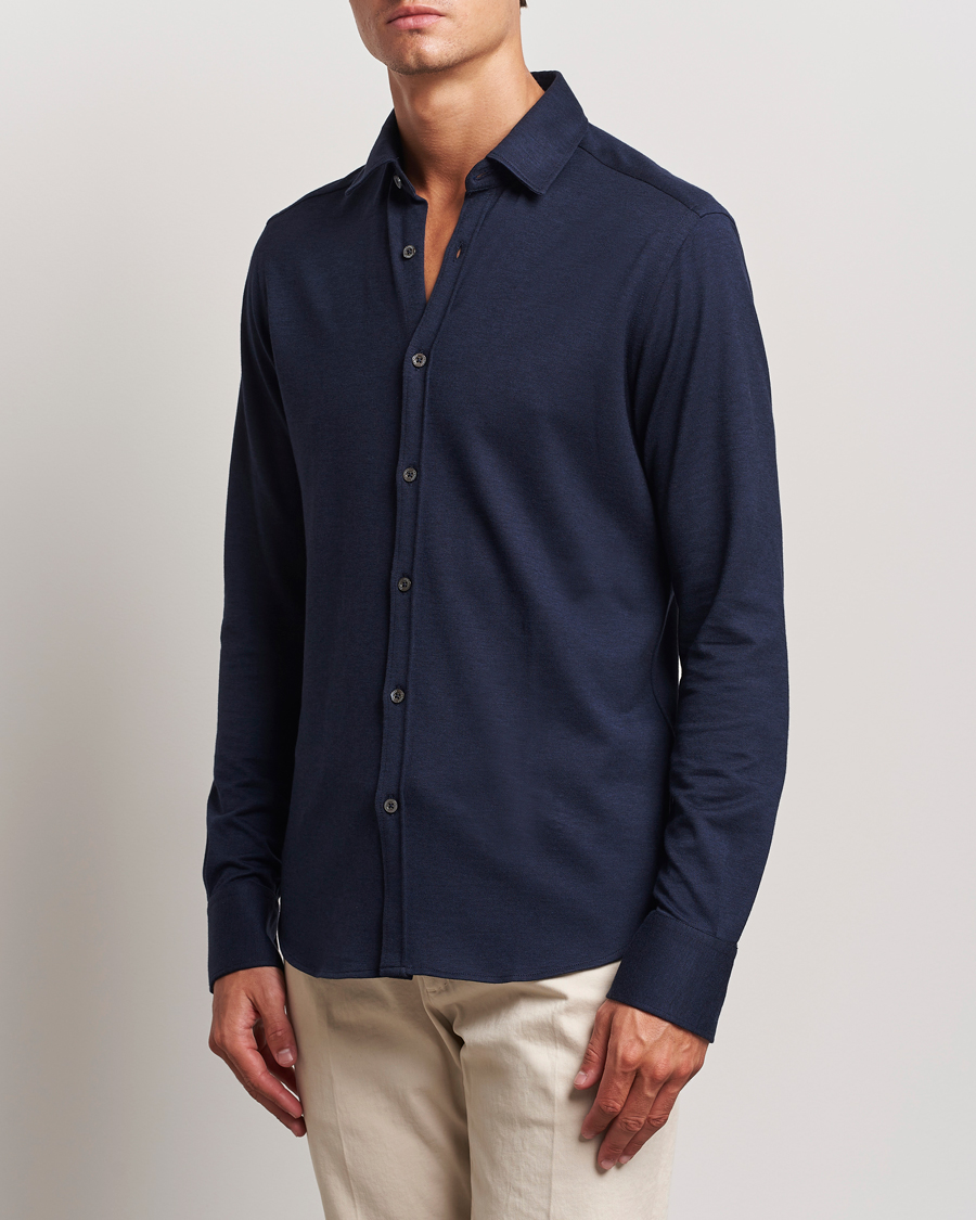 Heren | Overhemden | Canali | Slim Fit Stretch Piquet Shirt Navy