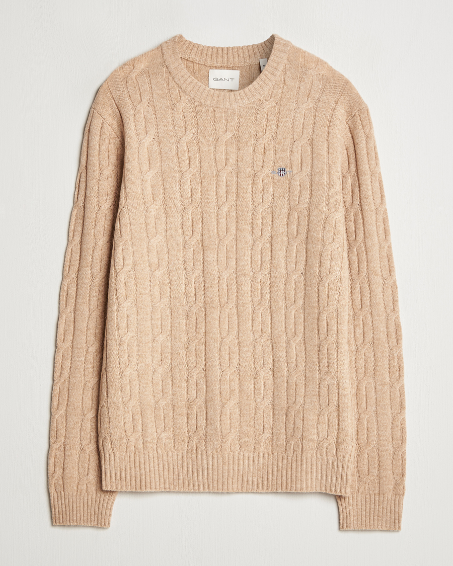 Heren | Truien | GANT | Lambswool Cable C-Neck Khaki Melange