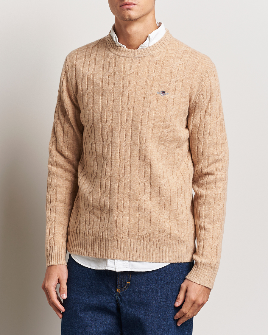 Heren | Truien | GANT | Lambswool Cable C-Neck Khaki Melange