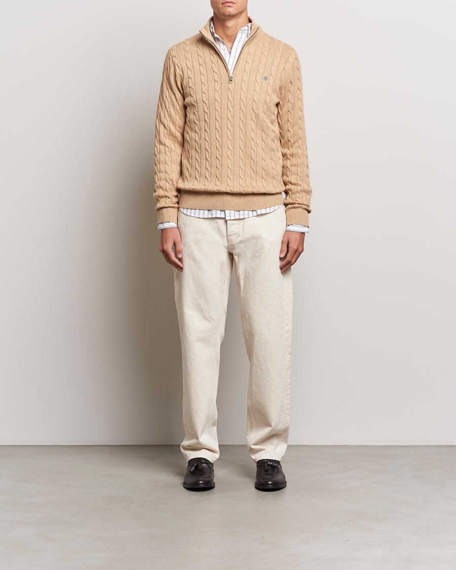 Heren | Truien | GANT | Cotton Cable Half Zip Khaki Melange