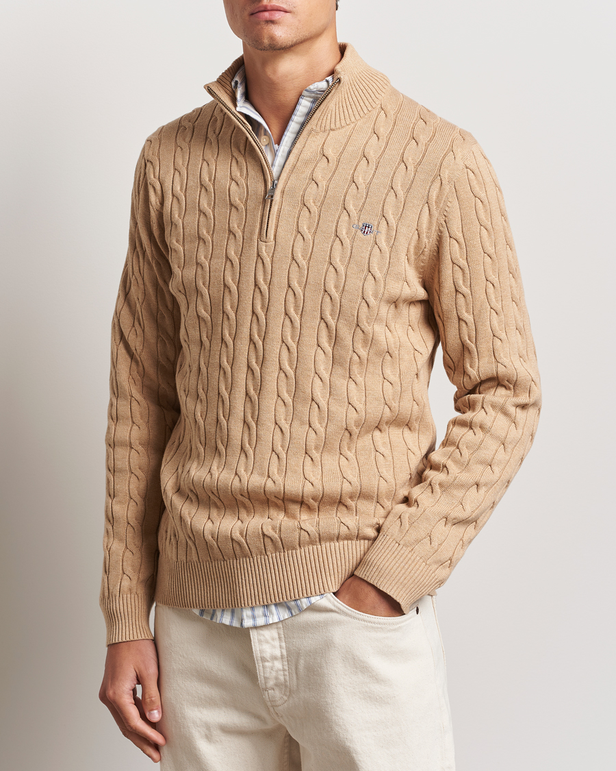 Heren | Truien | GANT | Cotton Cable Half Zip Khaki Melange