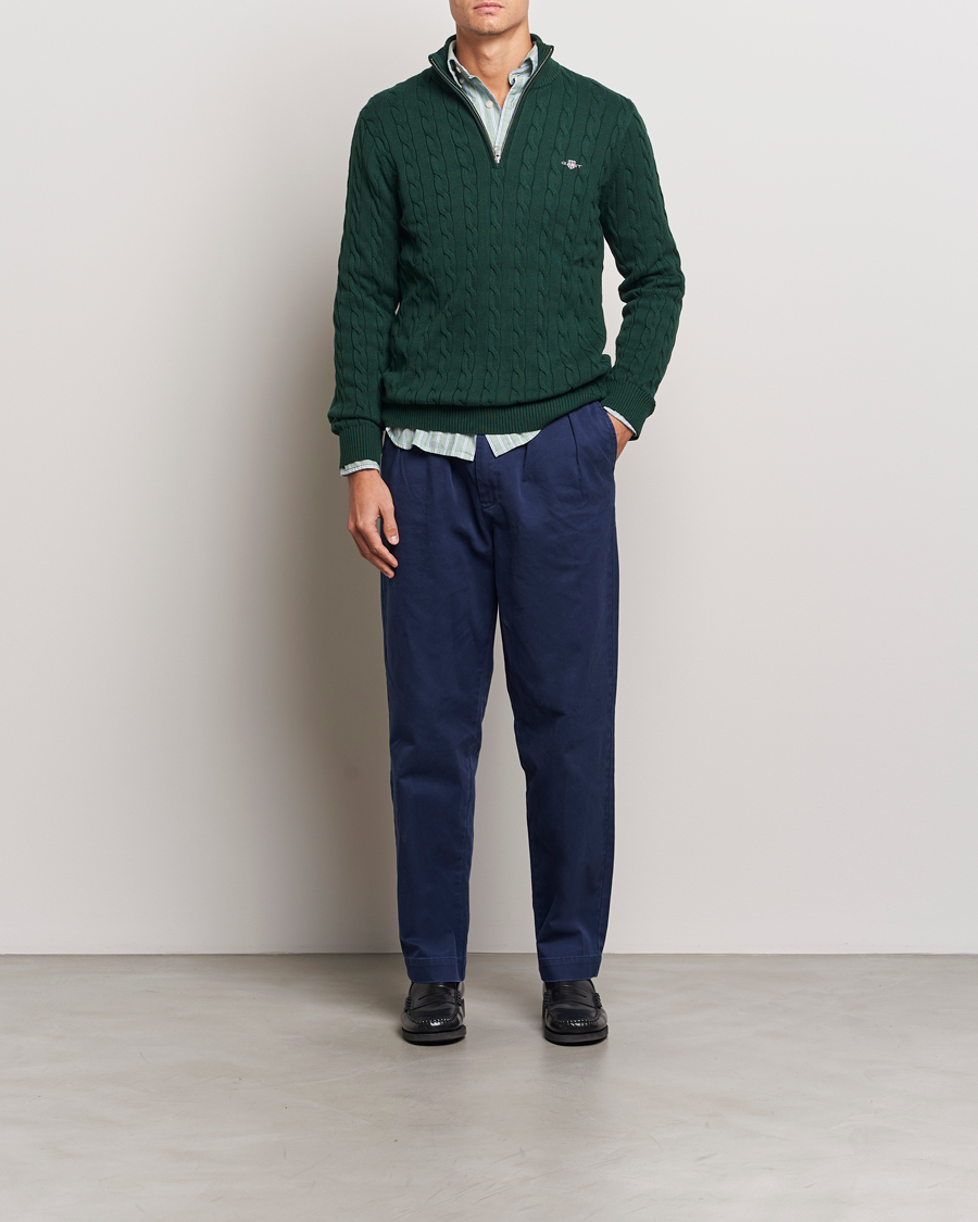 Heren | Truien | GANT | Cotton Cable Half Zip Tartan Green