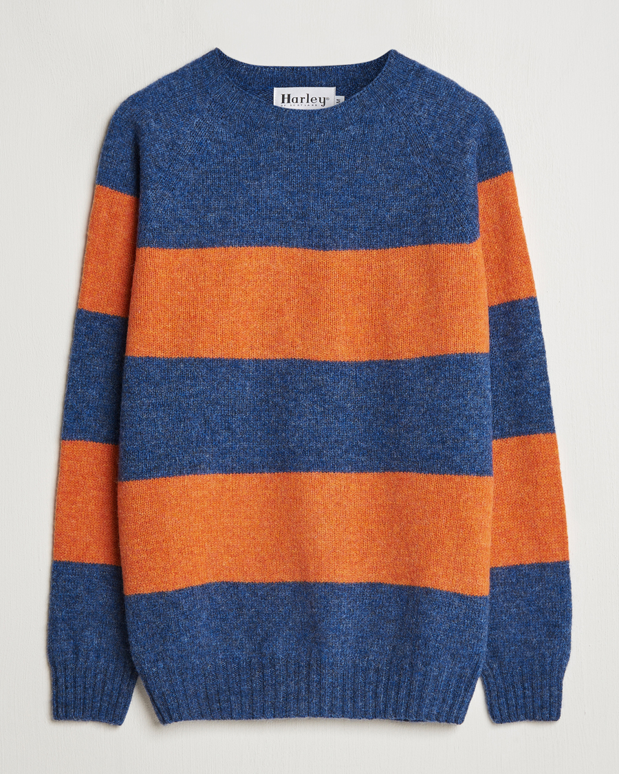 Heren | Truien | Harley Of Scotland | Block Stripe Lambswool Crewneck Blue/Orange