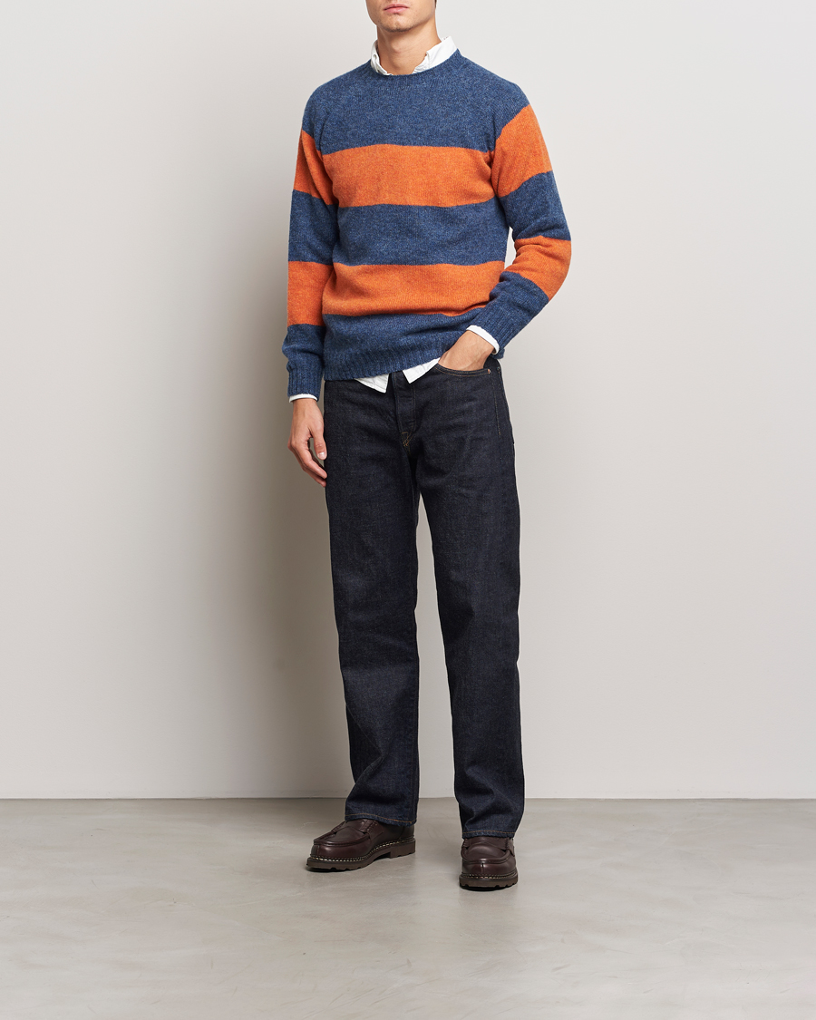 Heren | Truien | Harley Of Scotland | Block Stripe Lambswool Crewneck Blue/Orange