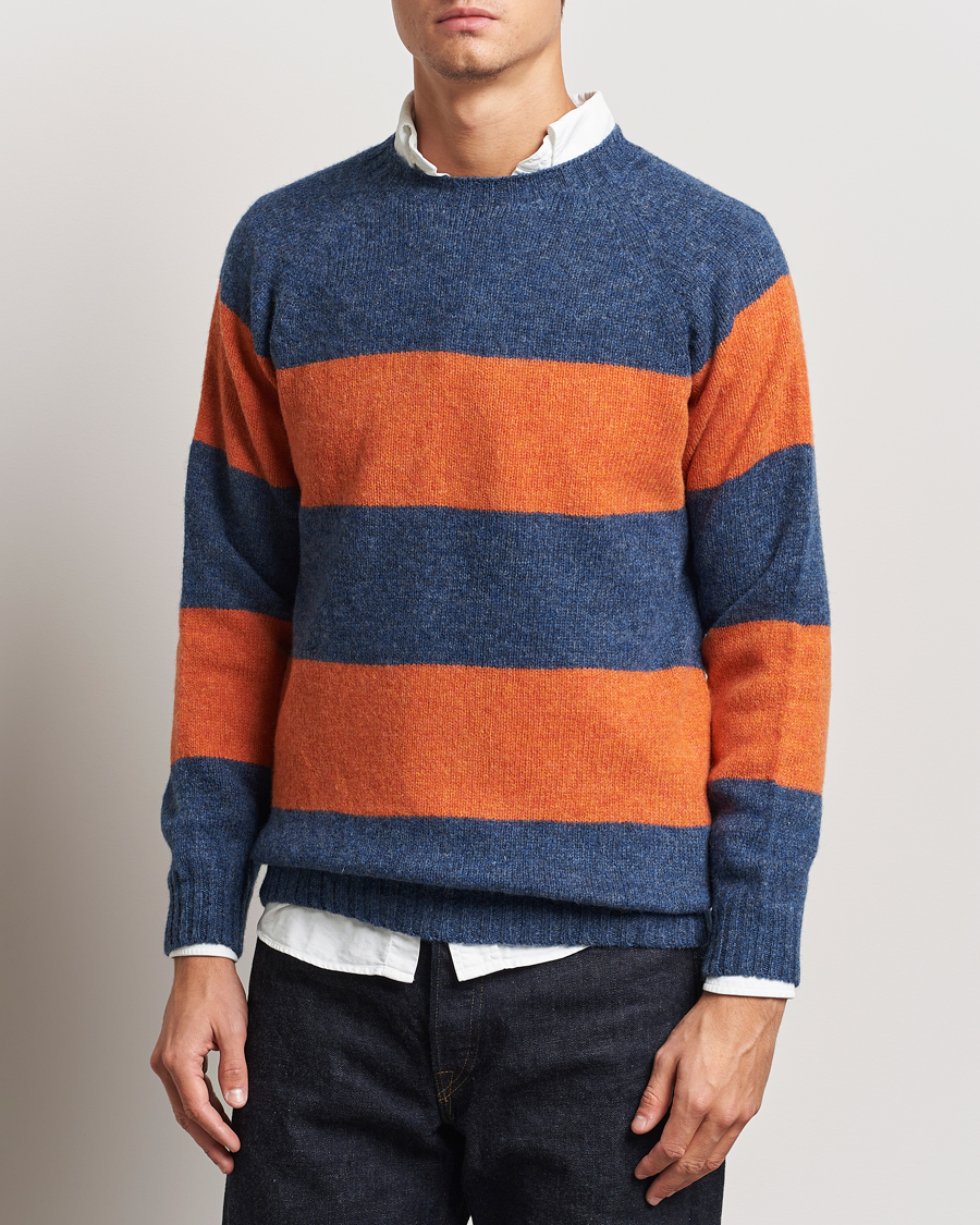 Heren | Truien | Harley Of Scotland | Block Stripe Lambswool Crewneck Blue/Orange