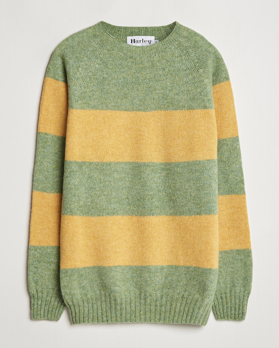 Heren | Truien | Harley Of Scotland | Block Stripe Lambswool Crewneck Yellow/Green