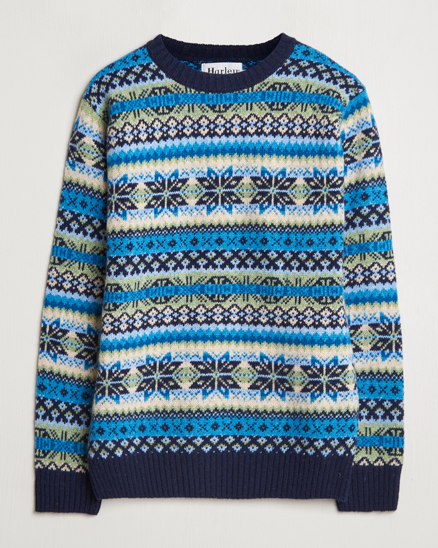 Heren | Truien | Harley Of Scotland | Supersoft Lambswool Fairisle Crewneck Navy