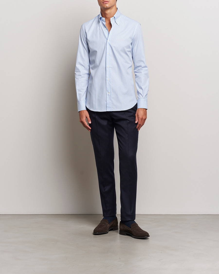 Heren | Overhemden | Mazzarelli | Soft Cotton Striped Button Down Shirt Light Blue