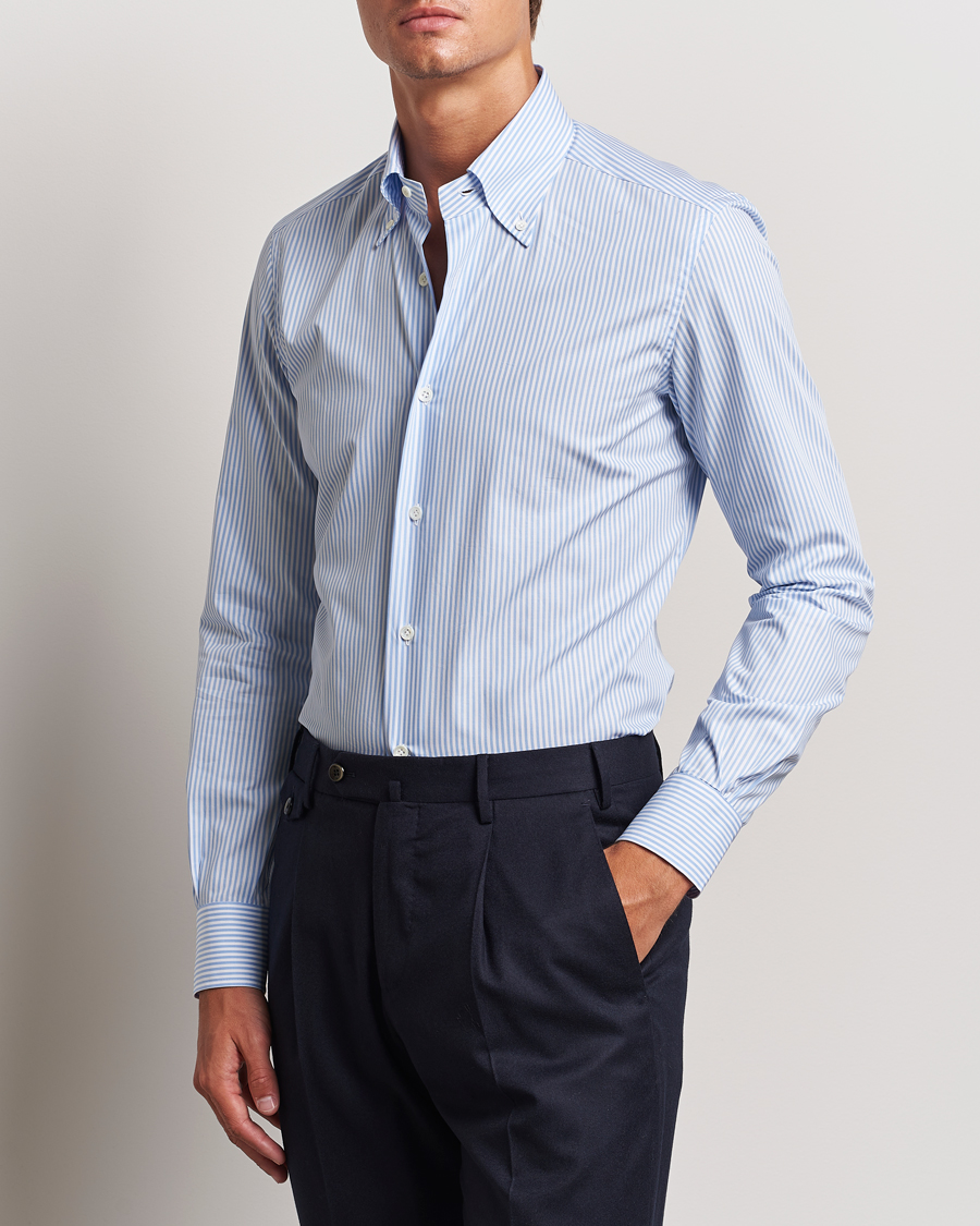 Heren | Overhemden | Mazzarelli | Soft Cotton Striped Button Down Shirt Light Blue